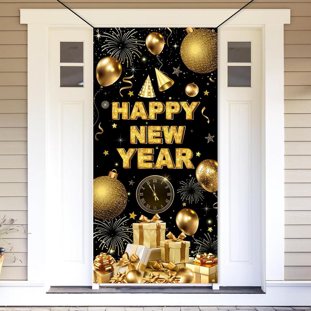 Happy New Year Decorations Hanging Door Cover Banner, 35x73" Welcome 2026 Year Party Door Porch Sign Banner Covers for Home Yard Lawn New Year's Parties Front Door Decor Indoor Outdoor (Gold)