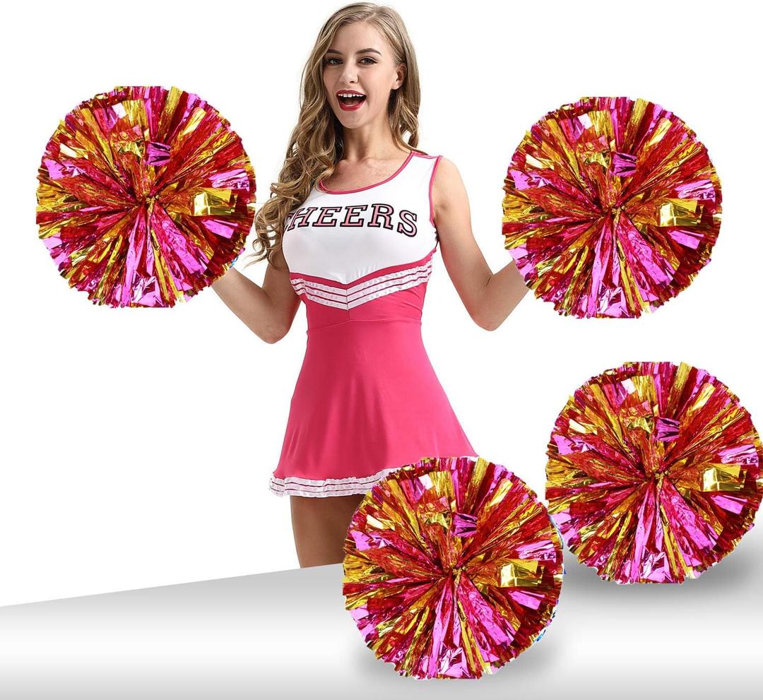 Pack of 4 Cheerleading Pom Poms 12 inch 80g Foil Plastic Metallic Cheerleader Pom Poms for Cheer Sport Kids Adults Team Spirit Cheering (Rose Red/Gold New)