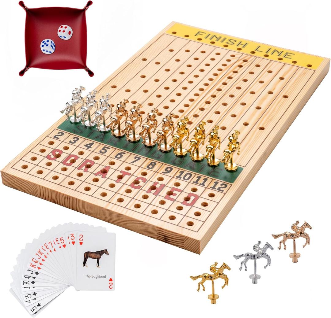 Horse Racing Game with 11 Luxury Metal Horses, Strategy Board Game with Solid Wood Board, Dice, Cards and Gift Box for Adults (Light Brown)