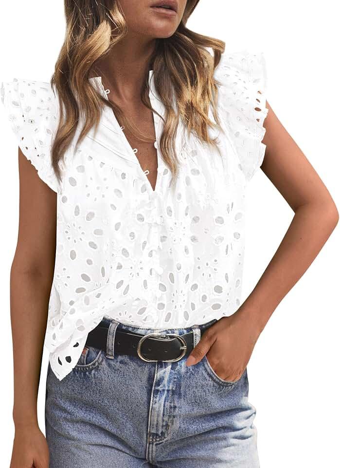 PRETTYGARDEN Women's Eyelet V Neck Summer Tops Dressy Casual White, Small