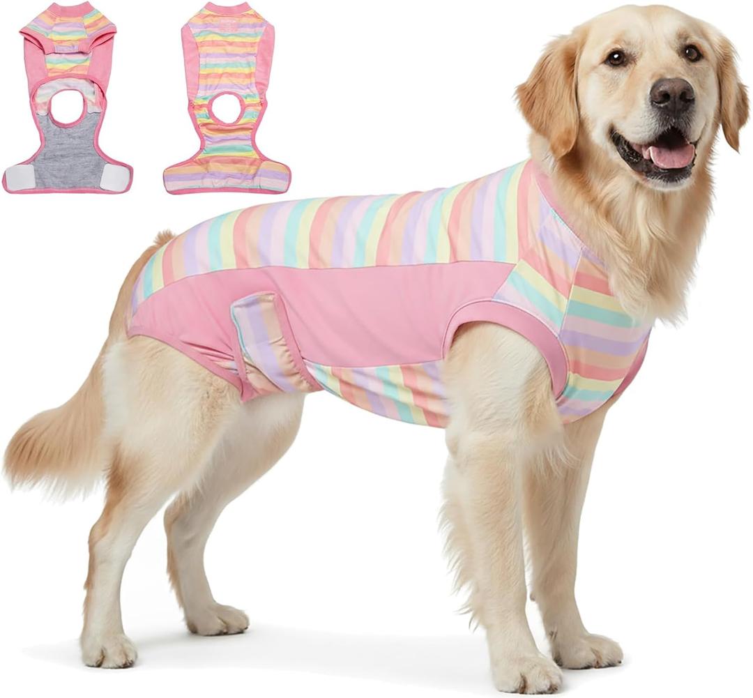 Recovery Suit for Female & Male Dogs After Surgery, Breathable Dog Onesie Cone Alternative, Anti-Licking Surgical Suit for Spay Neuter Wounds (XL(Back:24"-26"), Pink Stripe)