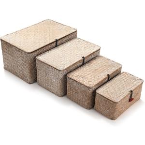 4 Pack, Wicker Baskets with Lids, Nautral Seagrass Storage Baskets, Wicker Storage Baskets for Organizing, Rustic Rectangular Storage Basket, Rattan Storage Organizer for Shelf Whitewash