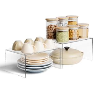 Clear Acrylic Kitchen Cabinet Risers Set of 2 - Anti-Slip Stackable Shelf Organizers, Space Saving Shelves for Counter Display & Spice Organization