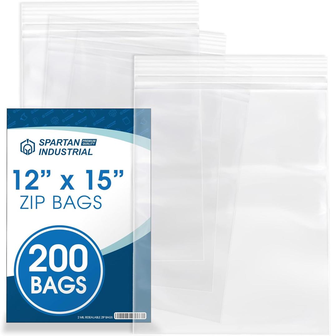 Spartan Industrial - 12 X 15 (200 Count) 2 Mil Clear Reclosable Zip Plastic Poly Bags with Resealable Lock Seal Zipper