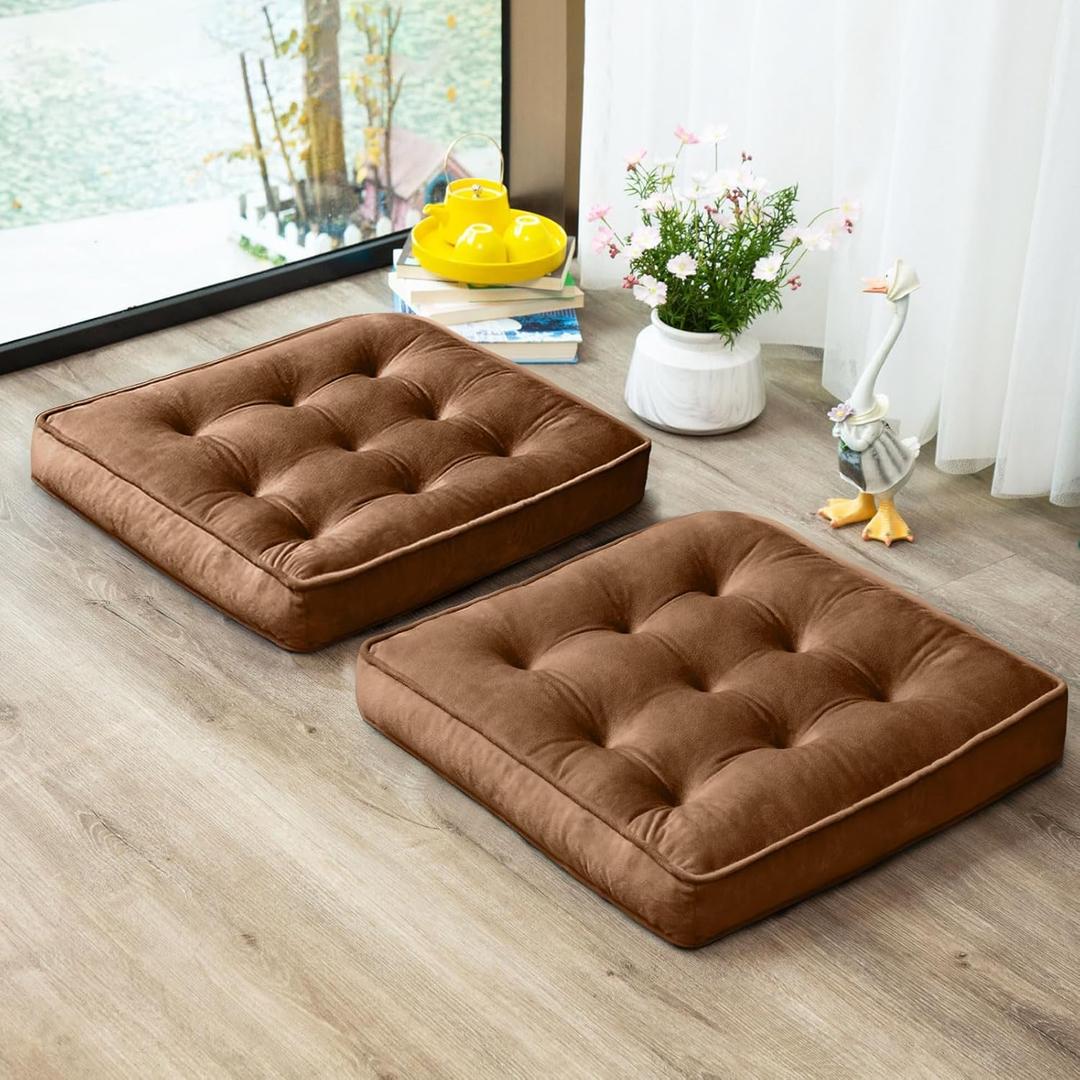 Floor Pillow Set of 2, Memory Foam Meditation Cushion, Floor Cushions for Adults Sitting, Large Square Seat Cushions for Yoga, Couch, Sofa, Kids, Living Room, 20x20 Inch (Brown)