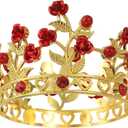 Uxcell Mini Crown Cake Toppers, Alloy Queen Princess Little Crown Tiara Cupcake Heart Shaped with Pearl & Rose for Birthday Cake Decor Wedding Party, Gold/Red/Red