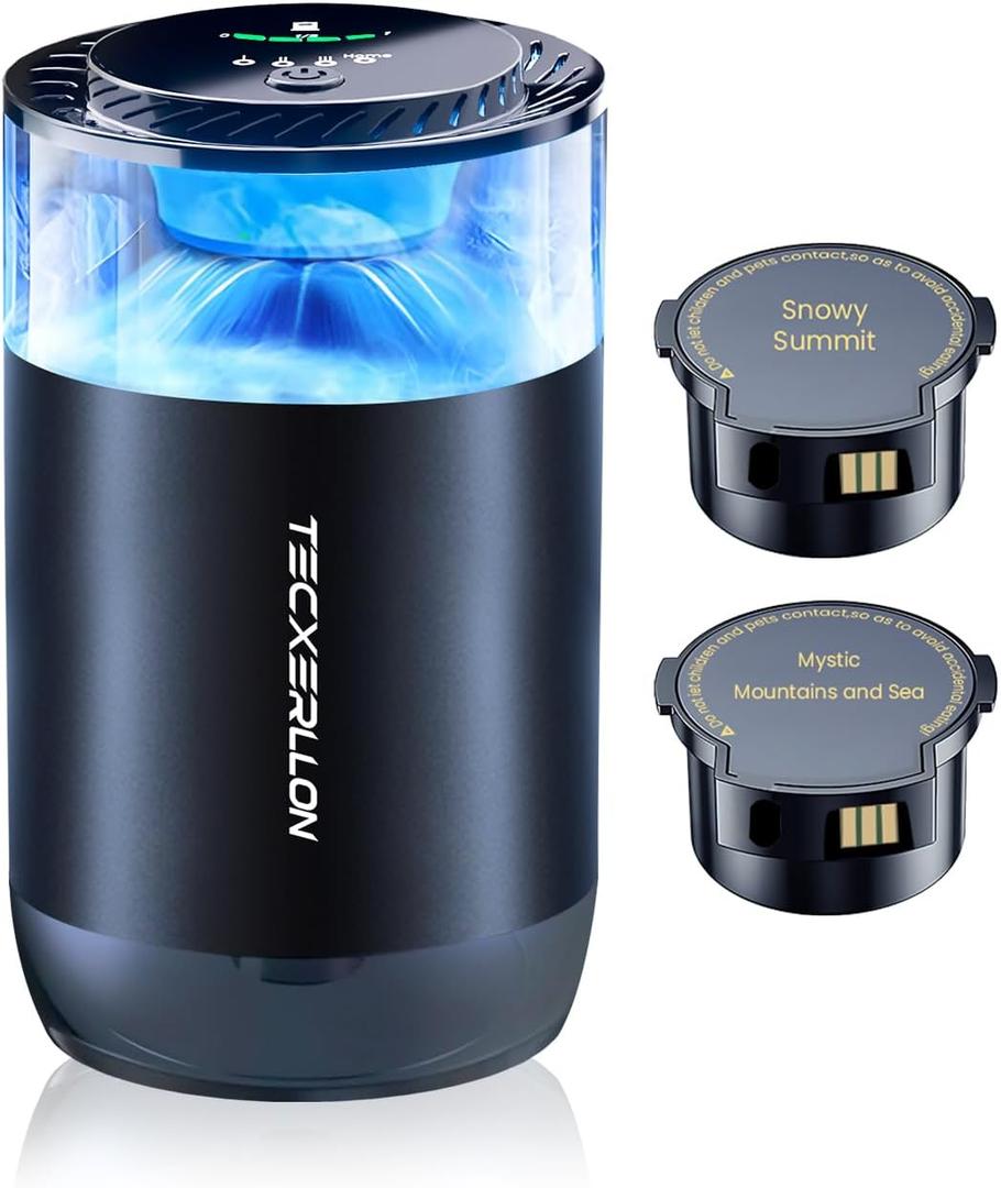 TECXERLLON Smart Car Air Freshener Diffuser with Ambient Light, 2 Refills | Oil Level Indicator, Auto On/Off, 4 Mist Modes,1600 Sprays, Rechargeable Aroma Diffuser for Car, Home, Office, Bedroom
