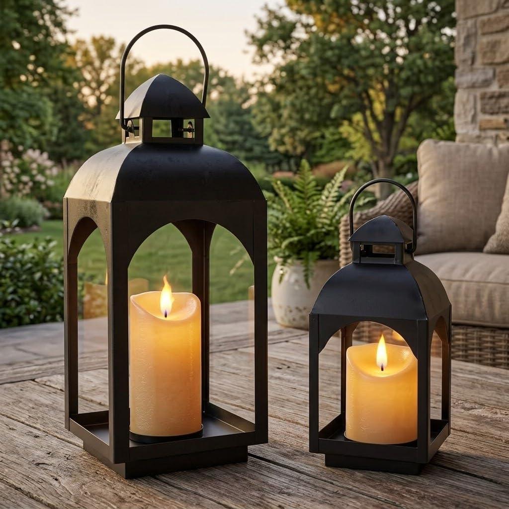JHY DESIGN 2-Pack Vintage Metal Decorative Lanterns 18"/11.5" H Hanging Candle Lanterns with LED Pillar Candles for Garden Living Room Indoor Outdoor Parties Weddings Balcony(Black)