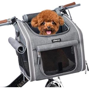 Dog Bike Basket, Expandable Soft-Sided Pet Carrier Backpack with 4 Open Doors, 4 Mesh Windows for Small Dog Cat Puppies-Grey (Grey-Fits 6-15 Lbs)