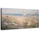 OKEXCKK Beach Vintage Flowers Large Canvas Wall Art, 3D Textured Landscape Wildflowers Painting, Coastal Nature Floral Picture Artwork Print for Bedroom Living Room Office Home Decor 24"x48"