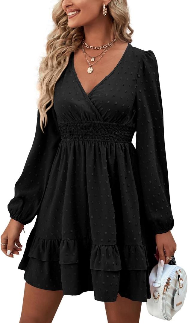 Rooscier Women's Wrap V Neck Swing Ruffle Swiss Dots Long Sleeve Mini Dress (Large, Pure Black)