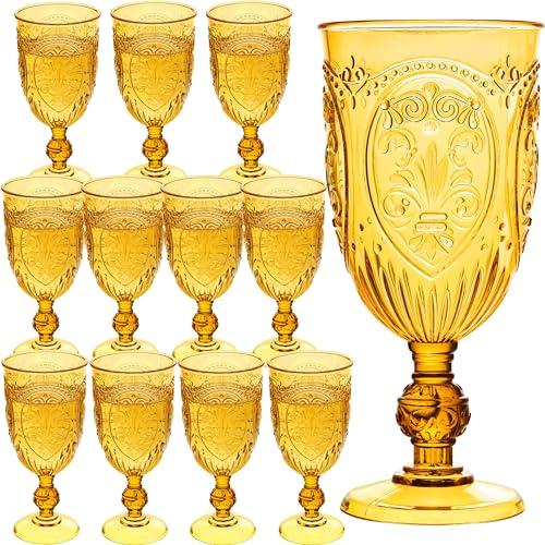 Plastic Wine Glasses 12Pcs Plastic Goblets 7.5oz Colored Retro Embossed Glassware Vintage Stemmed Drinking Cup Reusable Water Goblets for Wedding Reception Grand Event Party Bar,Whiskey (Amber)