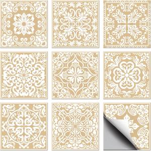 36 Pcs 9 Styles Retro Beige Patten Tile Sticker Geometric Cement Patten Wall Tile Stickers Waterproof Self Adhesive Stick on Decals for Kitchen Bathroom Wall Art 44 Inch