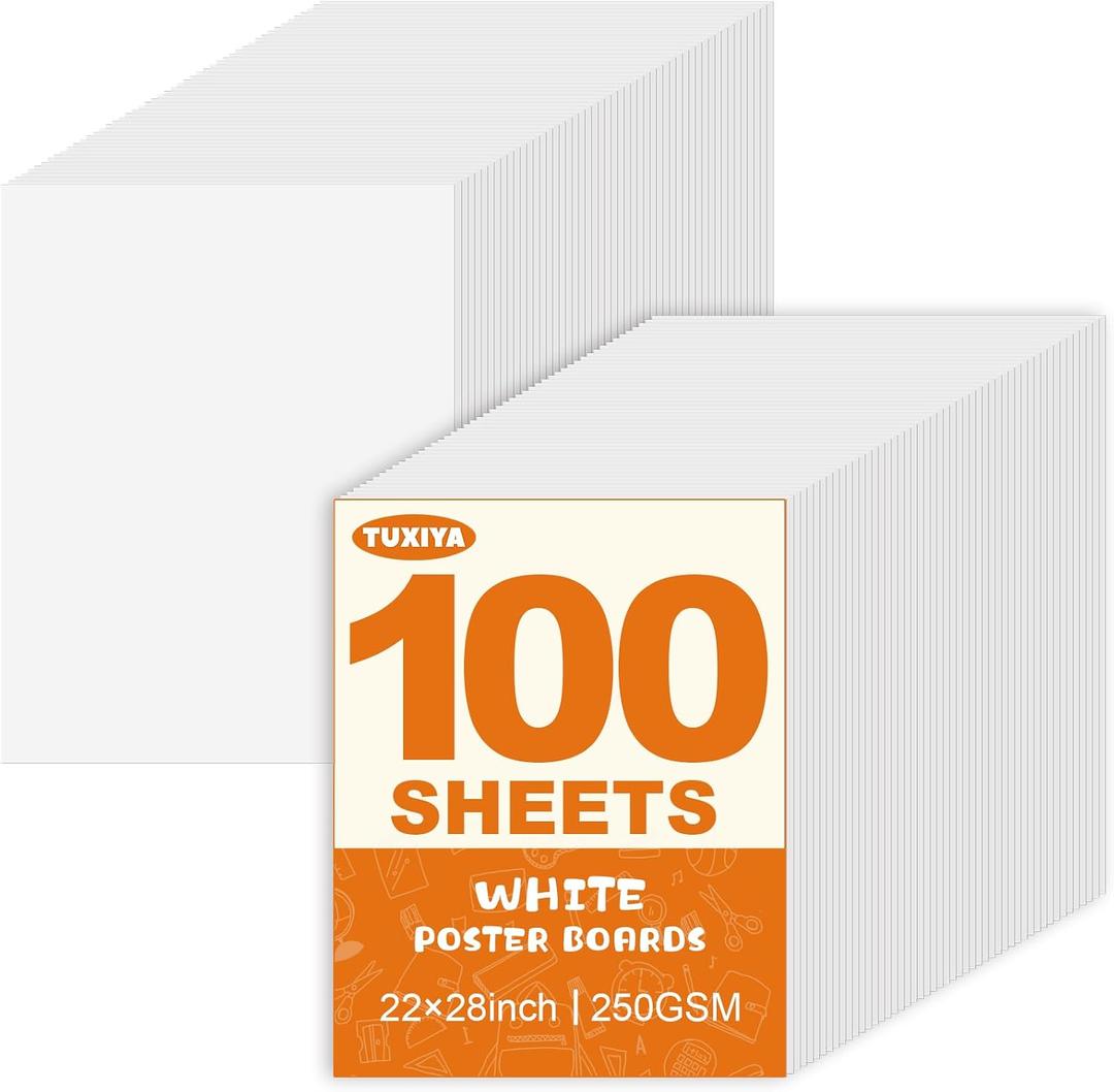 TUXIYA 100 Pack White Poster Board,22" x 28" White Poster Paper Bulk,250GSM/92LB Heavy-Weight Blank Poster Board for Arts,Craft,Projects Presentations,Drawing Scrapbooking