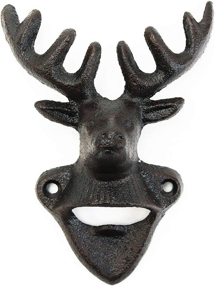 Sungmor Wall Mounted Bottle Opener, Cast Iron Cool Deer Head Bottle Opener, Beer Coke Beverage Bottle Cap Opener, Vintage Rustic Style Wall Hanging Opener, Bar Farmhouse Wall Ornament, Practical Gift