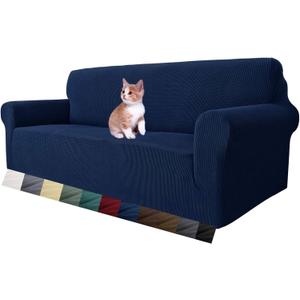 MAXIJIN Super Stretch Couch Cover for 3 Cushion Couch, 1-Piece Universal Sofa Covers Living Room Jacquard Spandex Furniture Protector Dogs Pet Friendly Fitted (Large, Navy Blue)