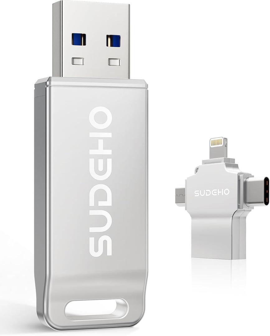 MFi Certified Photo Stick 128GB USB Flash Drive for iPhone, 4 in 1 External Memory Thumb Drive for Picture Video Saver and Backup, High Speed Memory Stick USB Drive for iPhone/iPad/Android/PC (Silver)