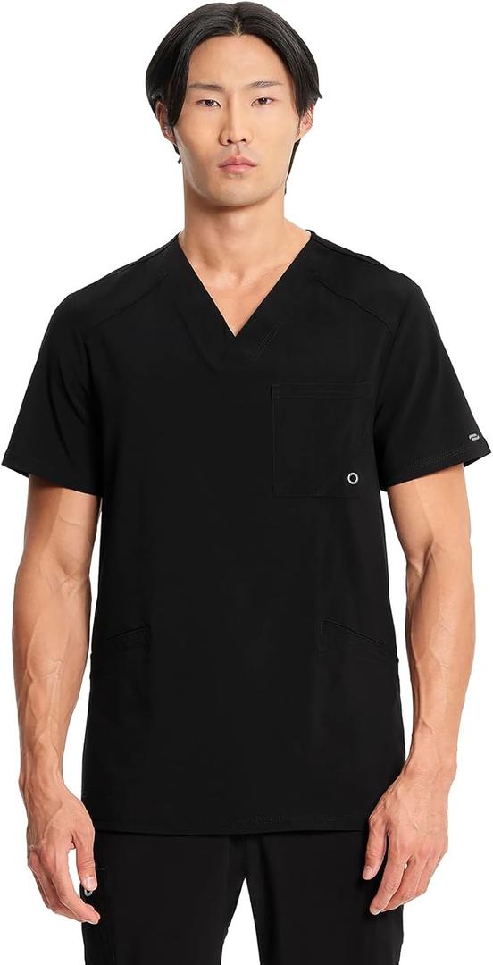 Cherokee Infinity Mens V-Neck Scrub Top Modern Fit, 3 Pockets, Rib-Knit Back Panels, Moisture-Wicking 360 Stretch CK900A (Black, XXL)