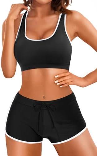 Tempt Me Women Two Piece Sports Bikini Athletic Swimsuits Racerback Crop Top with Boy Shorts Bathing Suits for Girls Vests XS