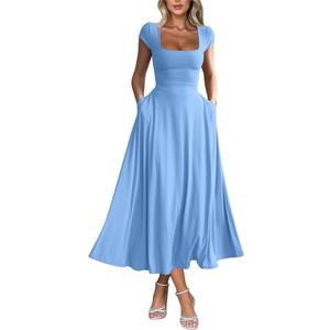 YMDUCH Women's Casual Short Sleeve Square Neck Solid Slim Flowy Maxi Dress with Pockets (Blue, S)