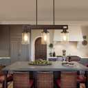 Farmhouse Dining Room Light Fixture, 3-Light Wood Kitchen Island Lighting for Dining Room Over Table, Black Adjustable Pendant Light with Seeded Glass Shades, Linear Chandeliers Lighting for Kitchen
