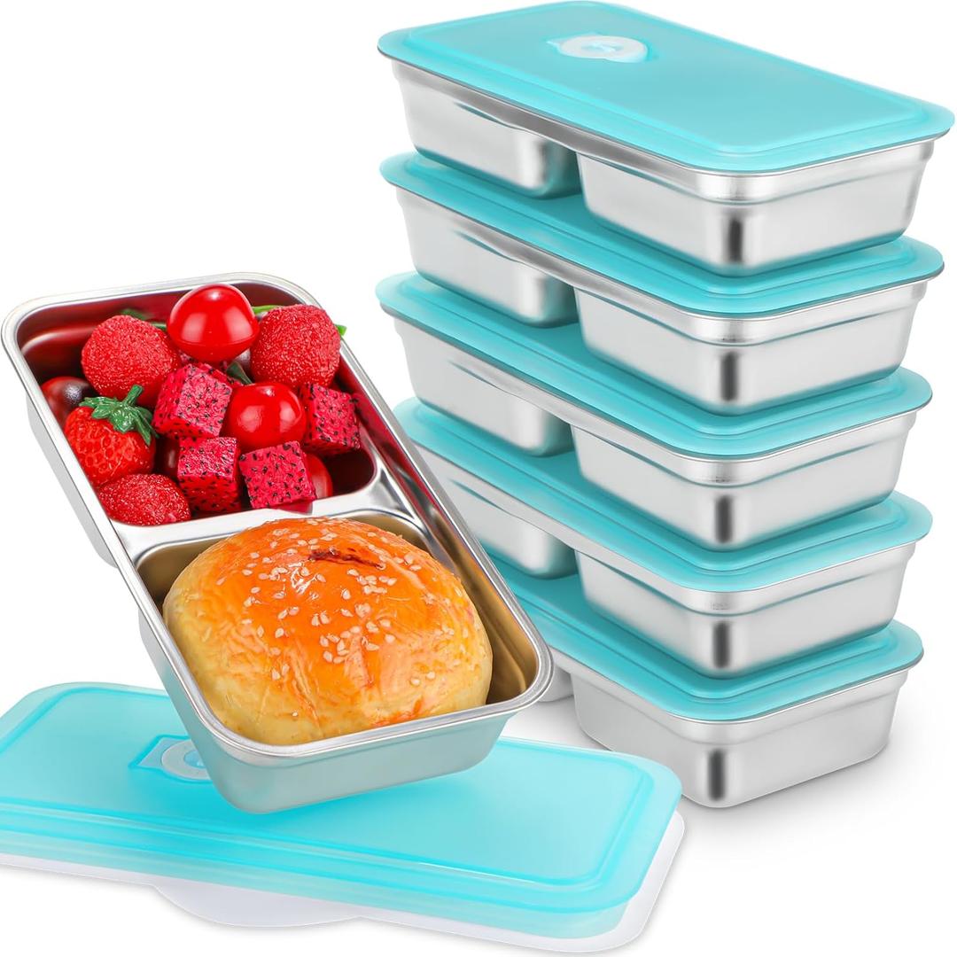 6 Pcs Stainless Steel Snack Containers 30 oz 2-compartment Meal Prep Containers Reusable Metal Divided Bento Box with Silicone Lids Leakproof Lunch Box Dishwasher Safe (Blue)