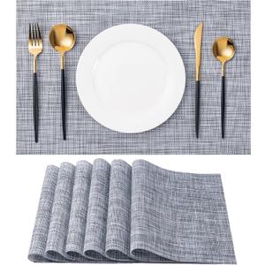Placemats Set of 6 Washable Indoor/Outdoor Vinyl Place Mats for Dining Table Durable Non-Slip Heat Resistant PVC Weave Table Mats Gray