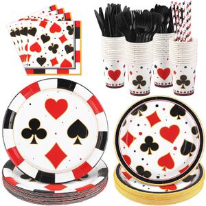 Kochorie 147 PCS Casino Party Supplies Set for 16 Guests Disposable Plates Cups Napkins Cutlery Straws Casino Theme Party Decorations for Poker Night Vegas Birthday Game Night