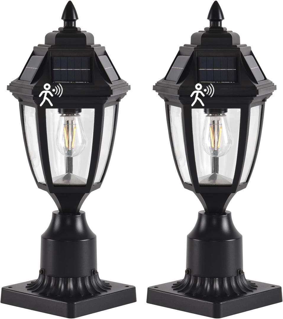 Solar Outdoor Post Lights 2 Pack, Dusk to Dawn Outdoor Column Light with Pier Mount Base, Black Exterior Solar Powered Pole Light for Outside Porch Yard Pathway Driveway