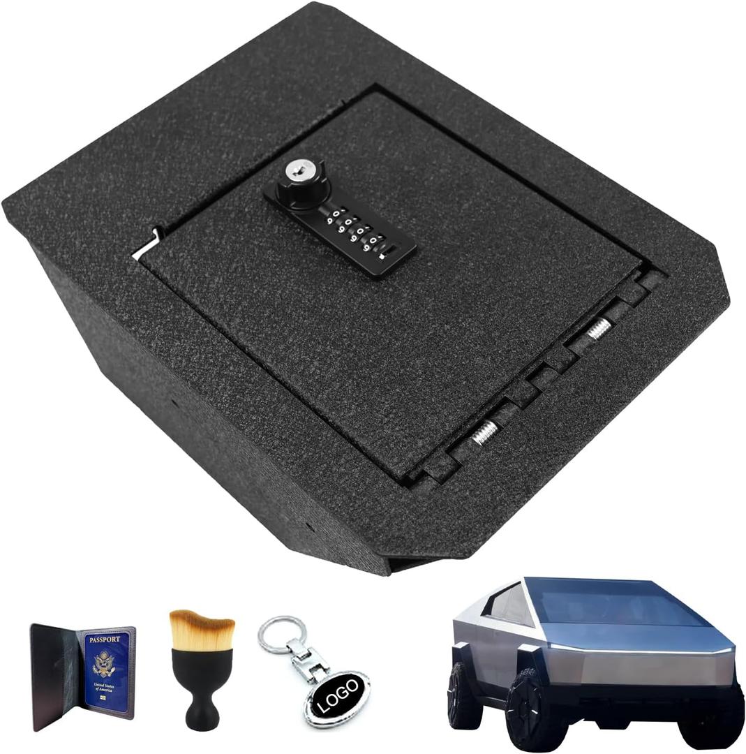 Center Console Safe Vault - Xdeer Console Gun Safe Box Compatible with Tesla Cybertruck 2024, 4 Digit Combination Lock with Key