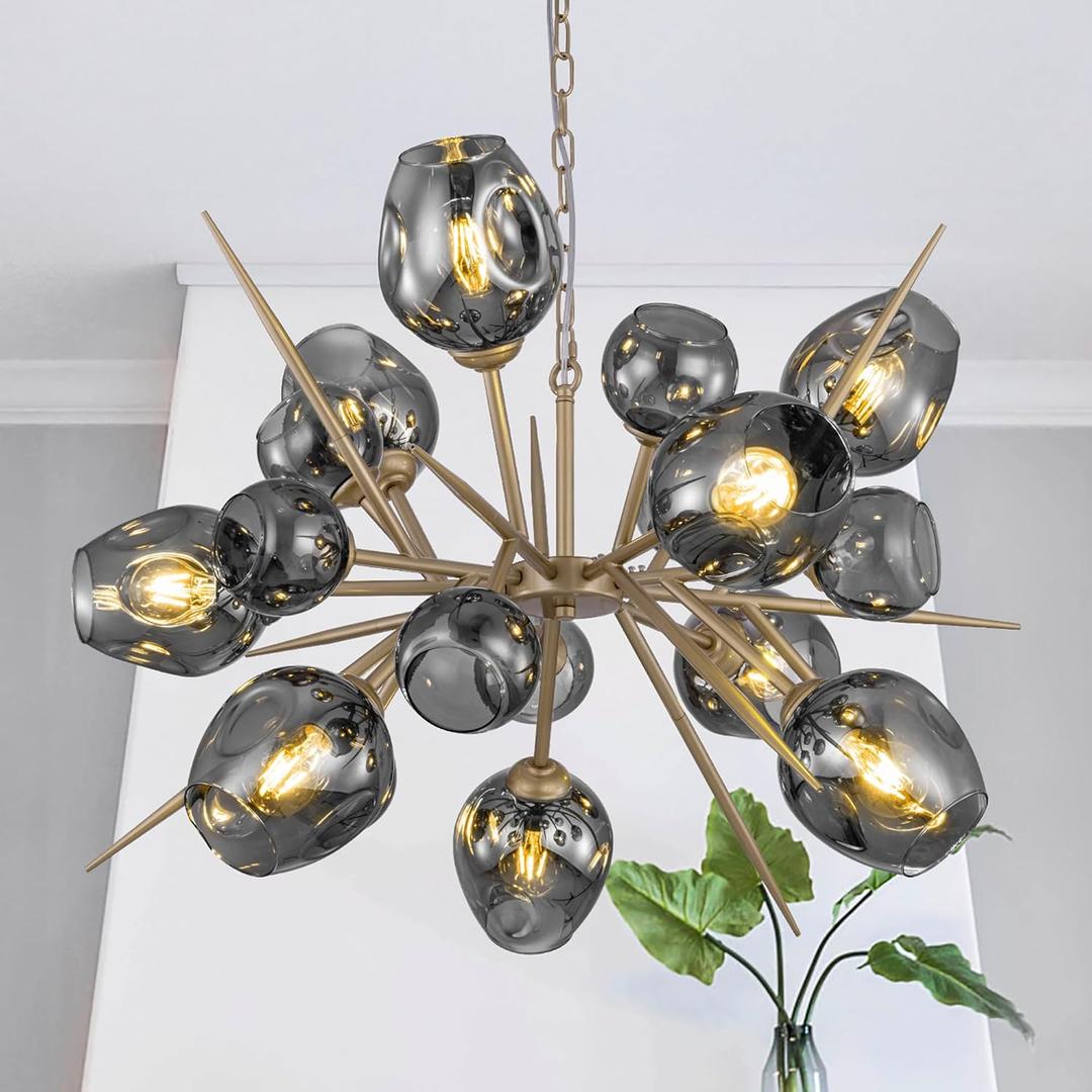 TOCHIC Chandelier for Dining Room,9 Lights Sputnik Ceiling Light Fixture,Modern Chandelier with Gray Glass Shade for Bedroom,Farmhouse Champagne Gold Chandeliers for Living Room,Foyer,Kitchen Island, Large