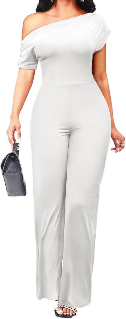 acelyn Elegant Jumpsuit for Women Dressy Casual Off Shoulder Wide Leg Pant Suit One Piece Outfits (Small, 9003-white)