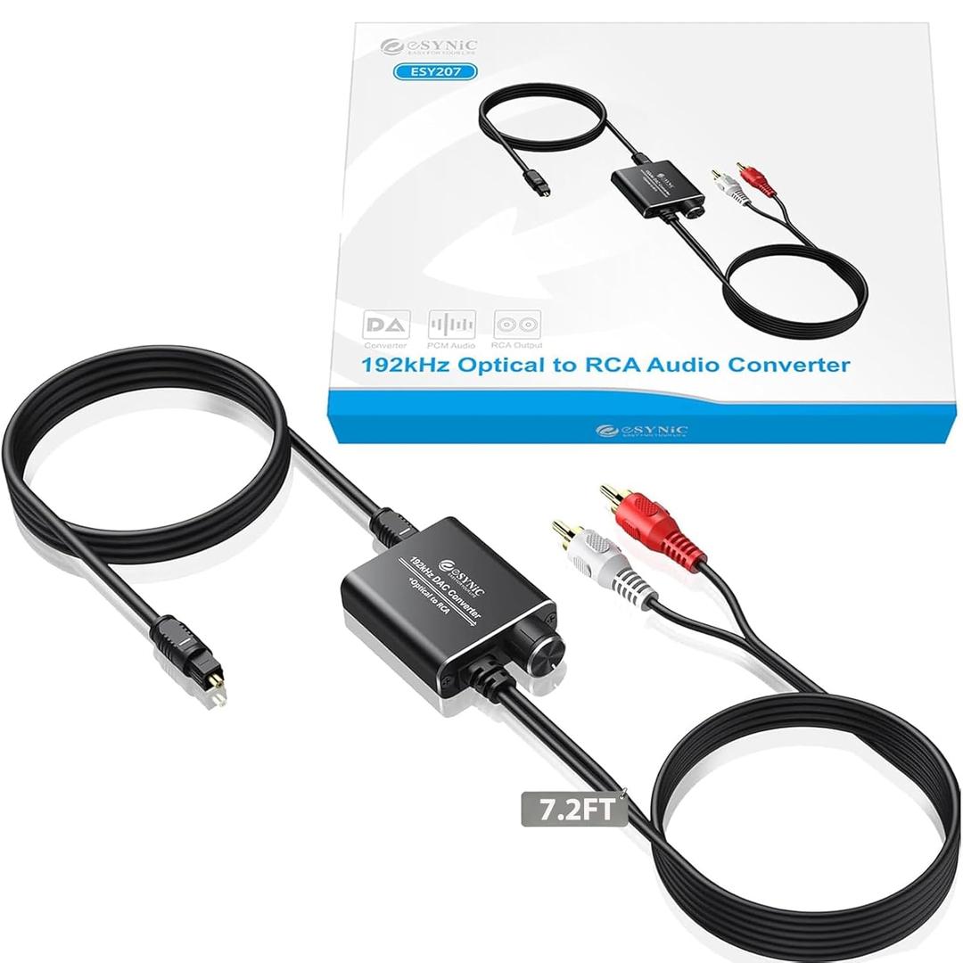 eSynic Portable Optical to RCA Adapter-Volume Control-Built in Voice Amplifier Chilp- 192kHz DAC Converter with 7ft Cable-Plug & Play- for Gaming Console/Blu-Ray/DVD/HDTV to R/L Stereo Audio System