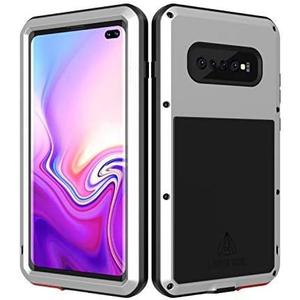 LOVE MEI Military Rugged Case for Samsung Galaxy S10 Plus, with Tempered Glass Screen Protector, Shockproof Dustproof Scratch Proof Hybrid Metal and Silicone Gel Heavy Duty Full Body Cover Silver