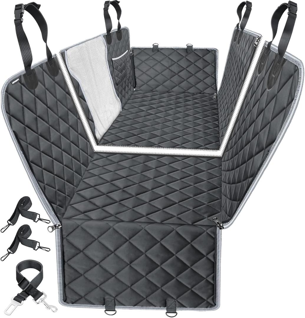 URPOWER 6-in-1 Dog Car Seat Cover for Back Seat, Waterproof Dog Car Hammock with Mesh Window & Side Flap, Pet Backseat Protector for Car, SUV, Truck, Gray
