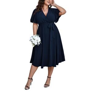 SCOMCHIC Womens Plus Size Wedding Guest Cocktail Midi Dress Summer Short Sleeve Wrap V Neck Belted A-Line Flowy Dress Navy Blue, 2XL