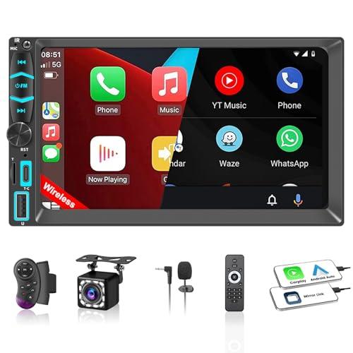 Double Din Car Stereo with 7" HD Touchscreen, Wireless Apple Carplay & Android Auto, Backup Camera, Bluetooth, SWC, Mirror Link, Type-C, FM/AM Car Radio Receiver