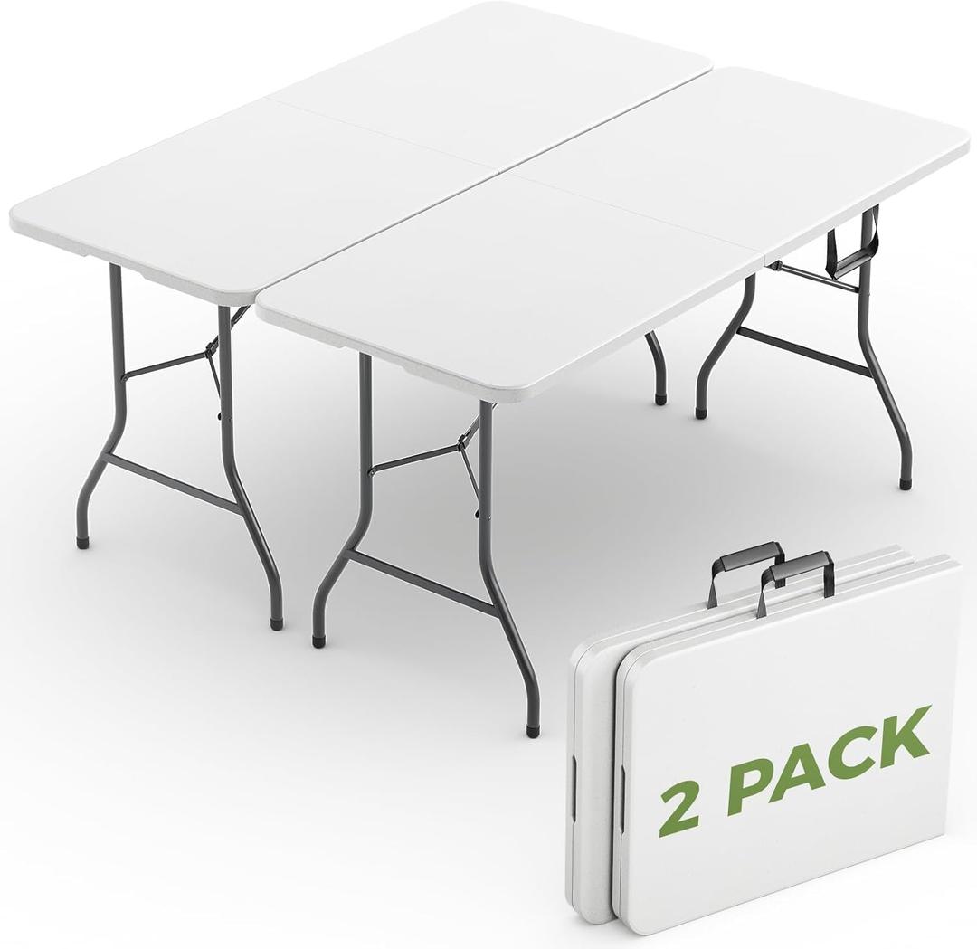 Folding Table 2 Pack, 8 FT Foldable Plastic Table with Carrying Handle, Heavy Duty Portable Fold-in-Half Utility Table for Party, Camping, Banquet, Craft, Wedding, Indoor & Outdoor Use