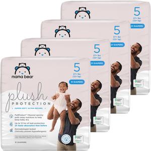 Amazon Brand - Mama Bear Plush Protection Disposable Baby Diapers, Hypoallergenic, Fragrance-Free, Leak Protection, Size 5, 124 Count (4 Packs of 31), White and Cloud Dreams