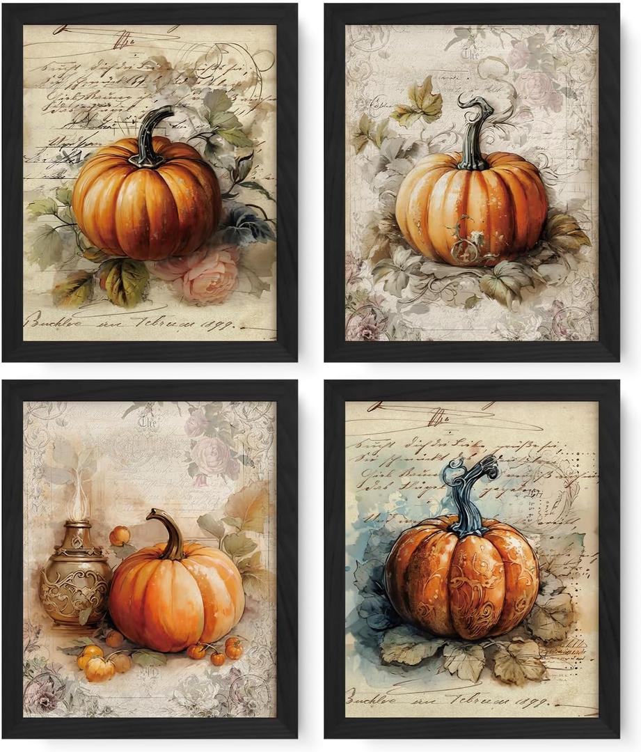 2 x JXREQ Vintage Pumpkin Fall Decorations Wall Art for Home Kitchen Living Room Bathroom Bedroom, Retro Pumpkins Wall Art Posters for Harvest Thanksgiving Decorations Set of 4, 8x10 Inch Unframed