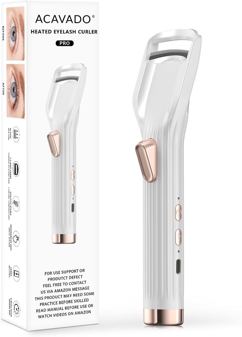 Heated Eyelash Curler Premium PRO - Fast Heat up in 8s - 24 Hours Long Lasting - Rechargeable Electric Eyelash Curler with Type-C, Innovative L Silicone, 2 Heat Modes, Anti-Burn Eyelid, White-FC
