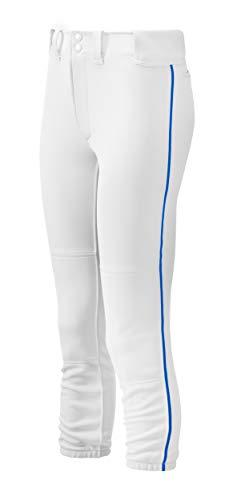Mizuno Girl's Belted Piped Softball Pant, White-Royal, Large