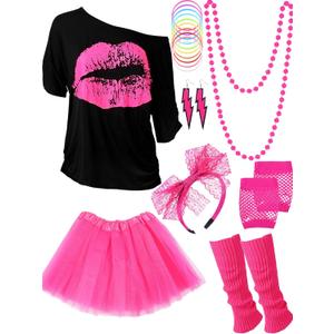 Blulu 17 Pcs 80s Costume Accessories Set for Women 80s Outfit for Cosplay Retro Theme Party (3X-Large, Rose Red, Black)