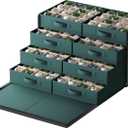 SONGMICS Large Christmas Ornament Storage Box, with Side Open, Stackable Christmas Storage Container with Lid, 8 Drawer Trays, 600D Oxford, 3-Inch 128 Slots, Forest Green URFB038C01