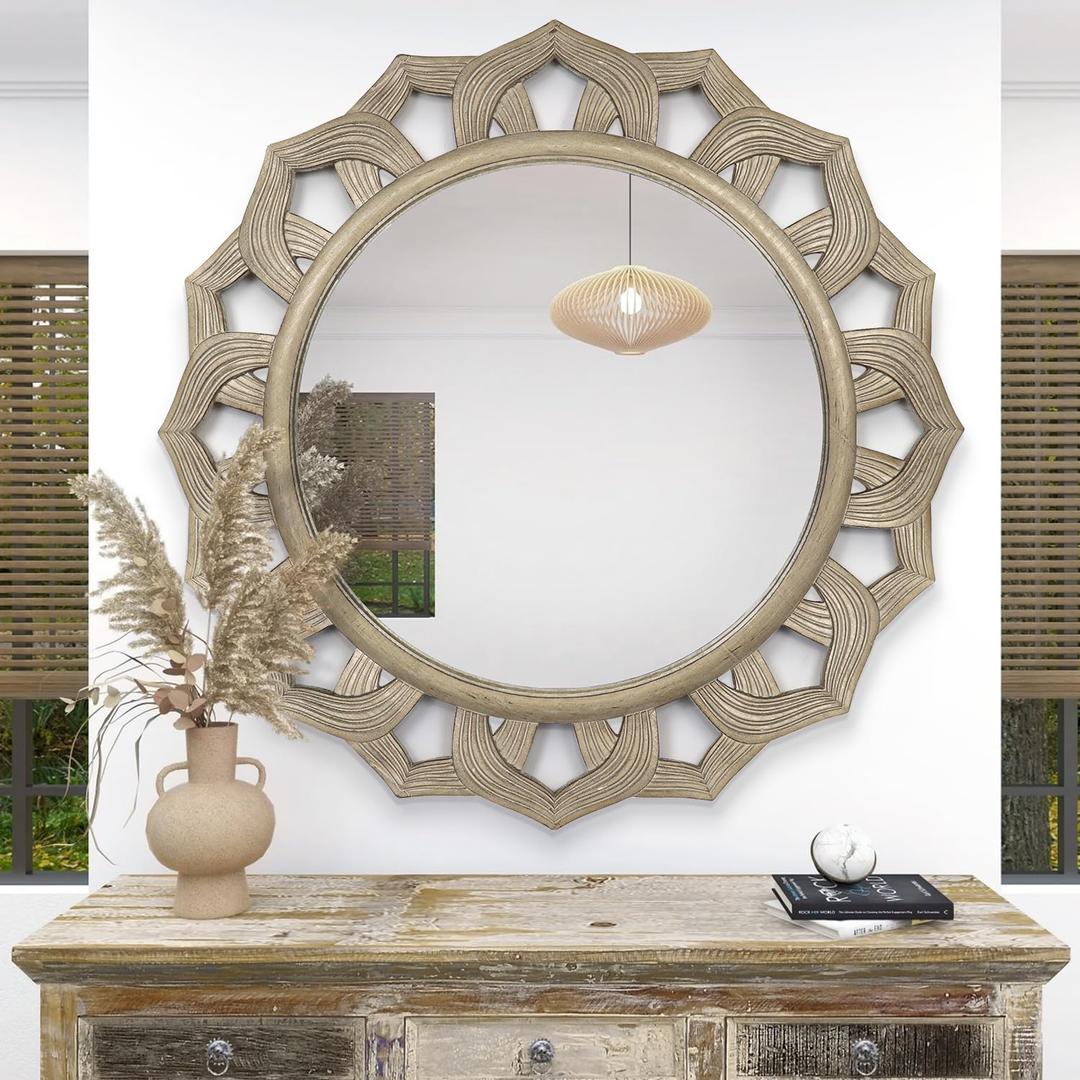 Farmhouse Wall Mirrors Decorative,Round Rustic Mirror for Wall Decor,Circle Cathedral Large Wall Mirror for/EntrywayBedroom/Living Room/Bathroom//Foyer/Hallway Decor 30 in