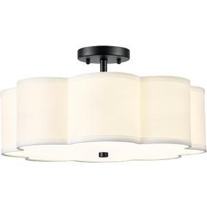 Black Semi Flush Mount Ceiling Lights, 4-Light 18" Ceiling Light Fixtures with Fabric Shade in Flower Shape, Farmhouse Drum Lighting for Nursery Bedroom Kitchen, AD-22009-4SF-BK