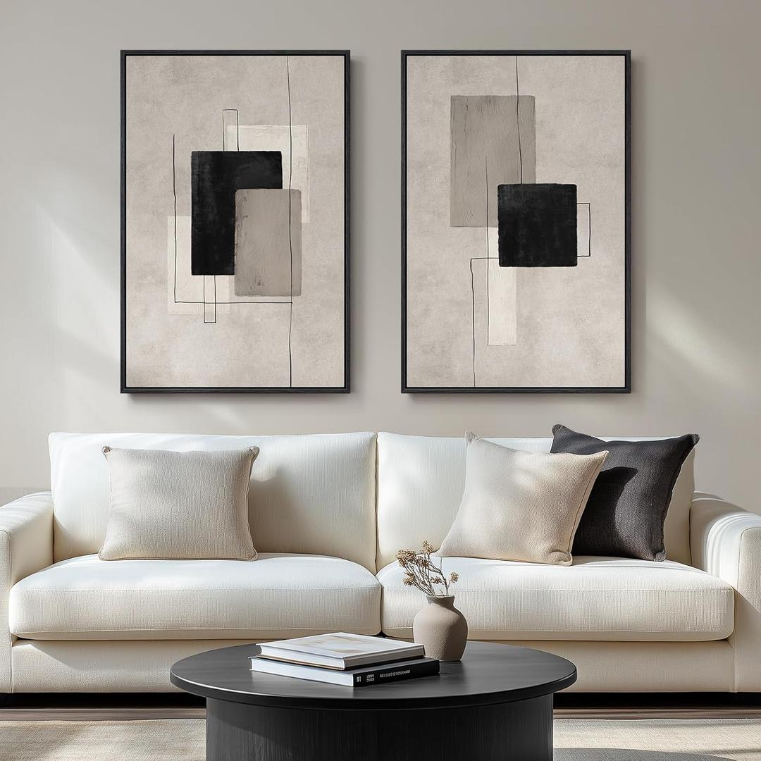 Large Framed Neutral Abstract Wall Art for Living Room, Set of 2 Black and Beige Modern Canvas Prints Paintings Artwork for Walls, Minimalist Block Lines Pictures for Hallway Office Wall Decor 24x36 In (Minimalism)
