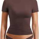 YEOREO Women Fitted Workout Tops Short Sleeve Double Lined Basic Y2K Going Out Crew Neck Compression Crop Top size M