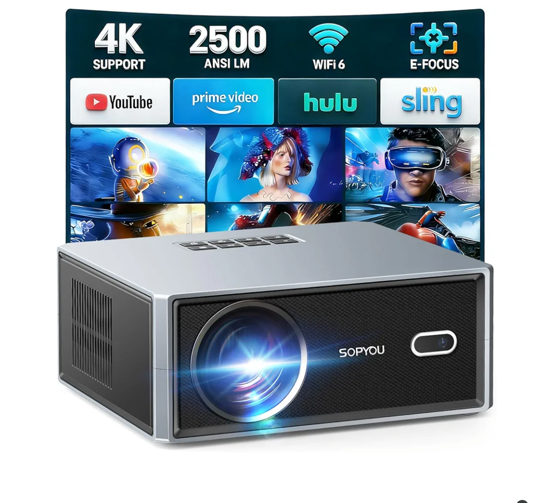 Short Throw/2500 ANSI/E-Focus] SOPYOU 4K Decoding Projector with WiFi and Bluetooth, Outdoor Movie Projectors, Max 450" Display Home Theater, Portable Smart Proyector for iOS/Android/TV Stick/PS5