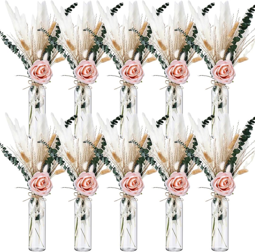 Qinyoung 10 Set Dried Pampas Grass Centerpiece for Wedding Baby Shower Party 10 Glass Flower Jars 10 Artificial Roses 80 Dried Pampas Grass with Rope for Rustic Bridal Farmhouse Decoration(Pink)
